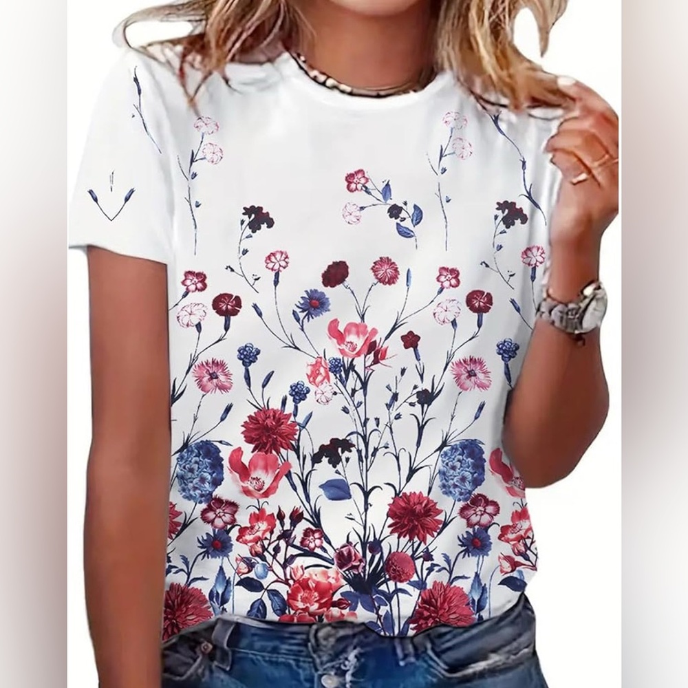 IWOLLENCE Women's Floral Short Sleeve Wildflower Plant Tee Shirt, size small